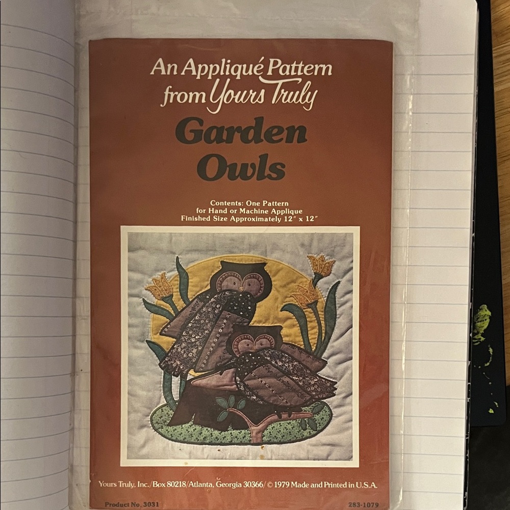 Garden Owls Appliqué Pattern - Brown and Green Vintage Pattern 1979 still sealed